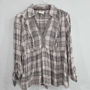 Knox Rose Womens Top Size Small Plaid Cottage Fringe Country Chic